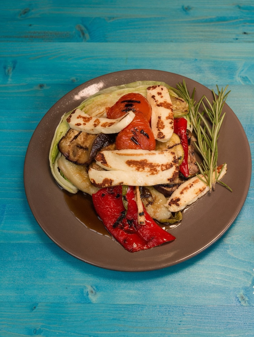 Legume la grătar marinate şi brânză dobrogeană